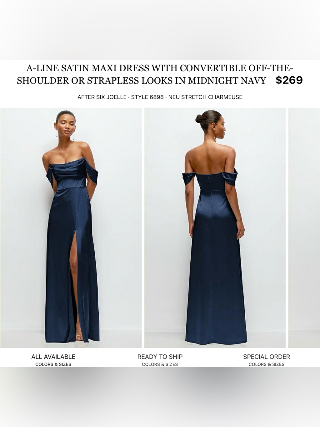 After Six Navy Convertible Off-Shoulder Satin Maxi Dress
